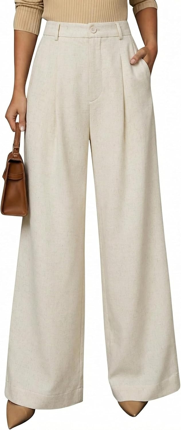 image:imageArachampCloz Womens Linen Blend Wide Leg Palazzo Pants AllSeason Business Casual Outfits Dress TrousersApricot