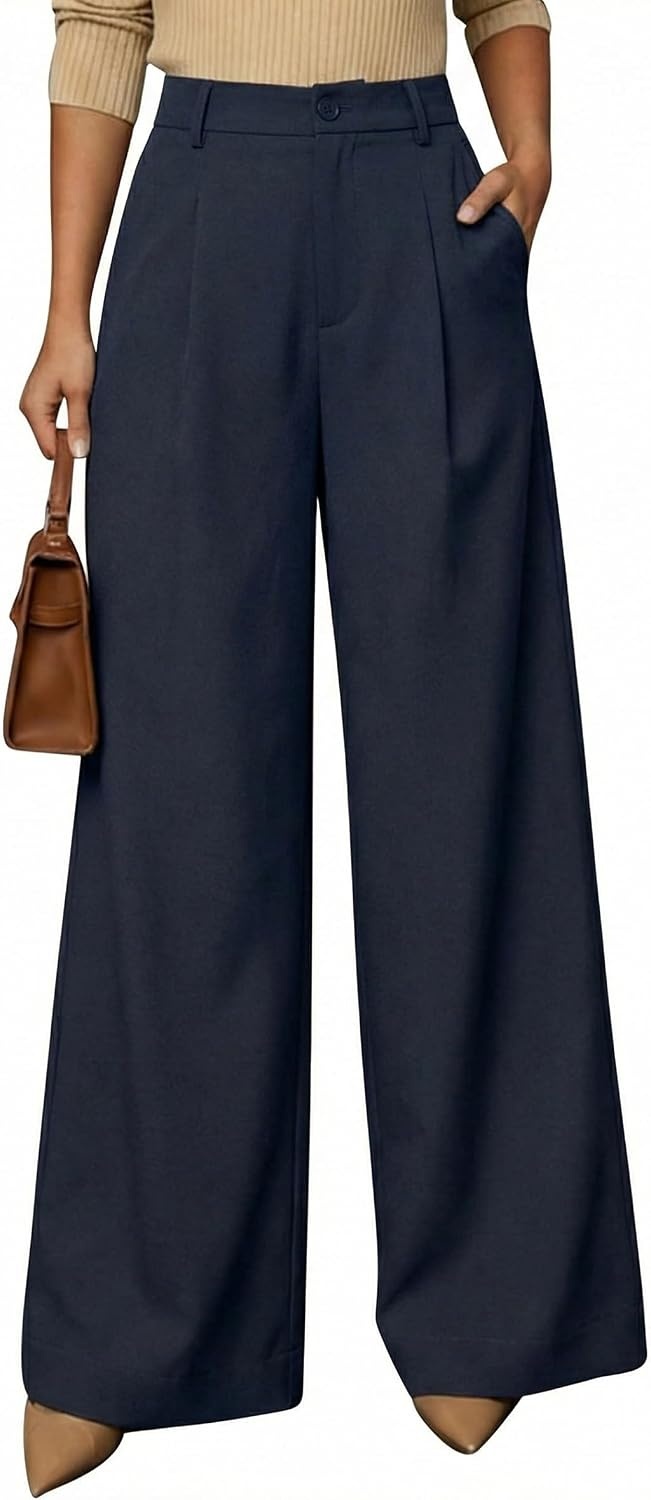 image:imageArachampCloz Womens Linen Blend Wide Leg Palazzo Pants AllSeason Business Casual Outfits Dress TrousersNavy