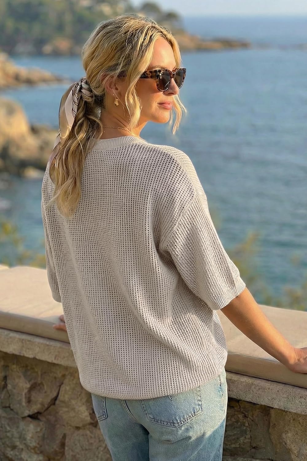 image:imageArachampCloz Womens Summer 100 Cotton Oversized Crochet Tops 34 Length Sleeve Sweater Hollow Out Casual Blouses 2026Grey