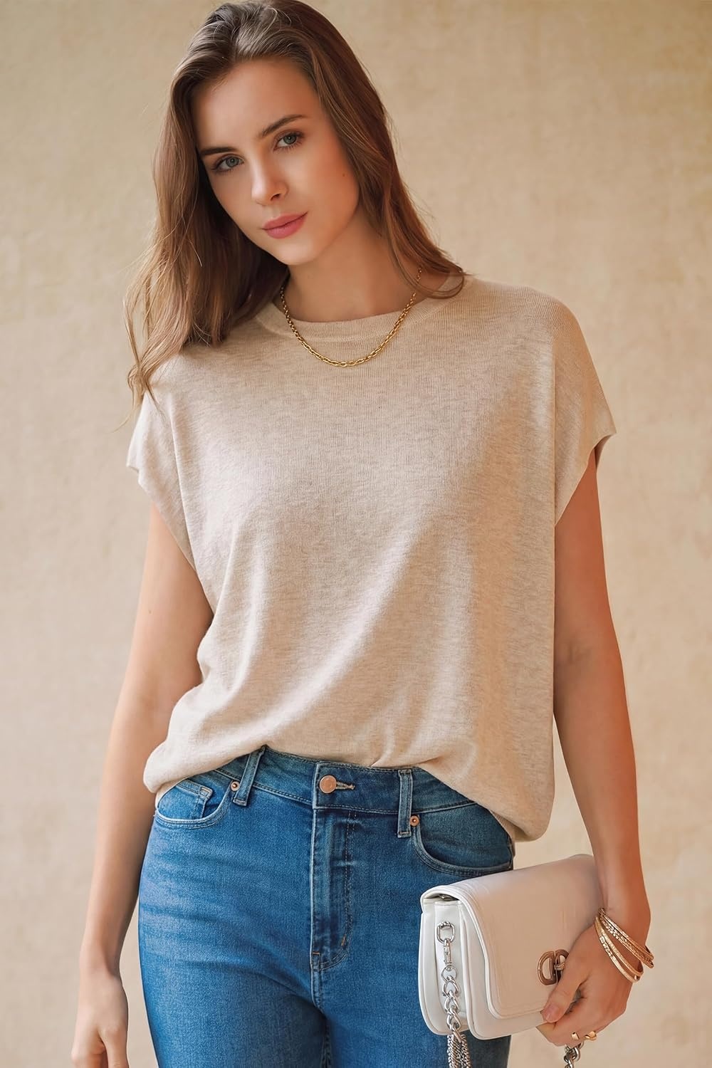 image:imageArachampCloz Womens Wool Blend Short Sleeve Oversized Sweater Work Casual Cap Sleeve Tops Summer 2026Apricot