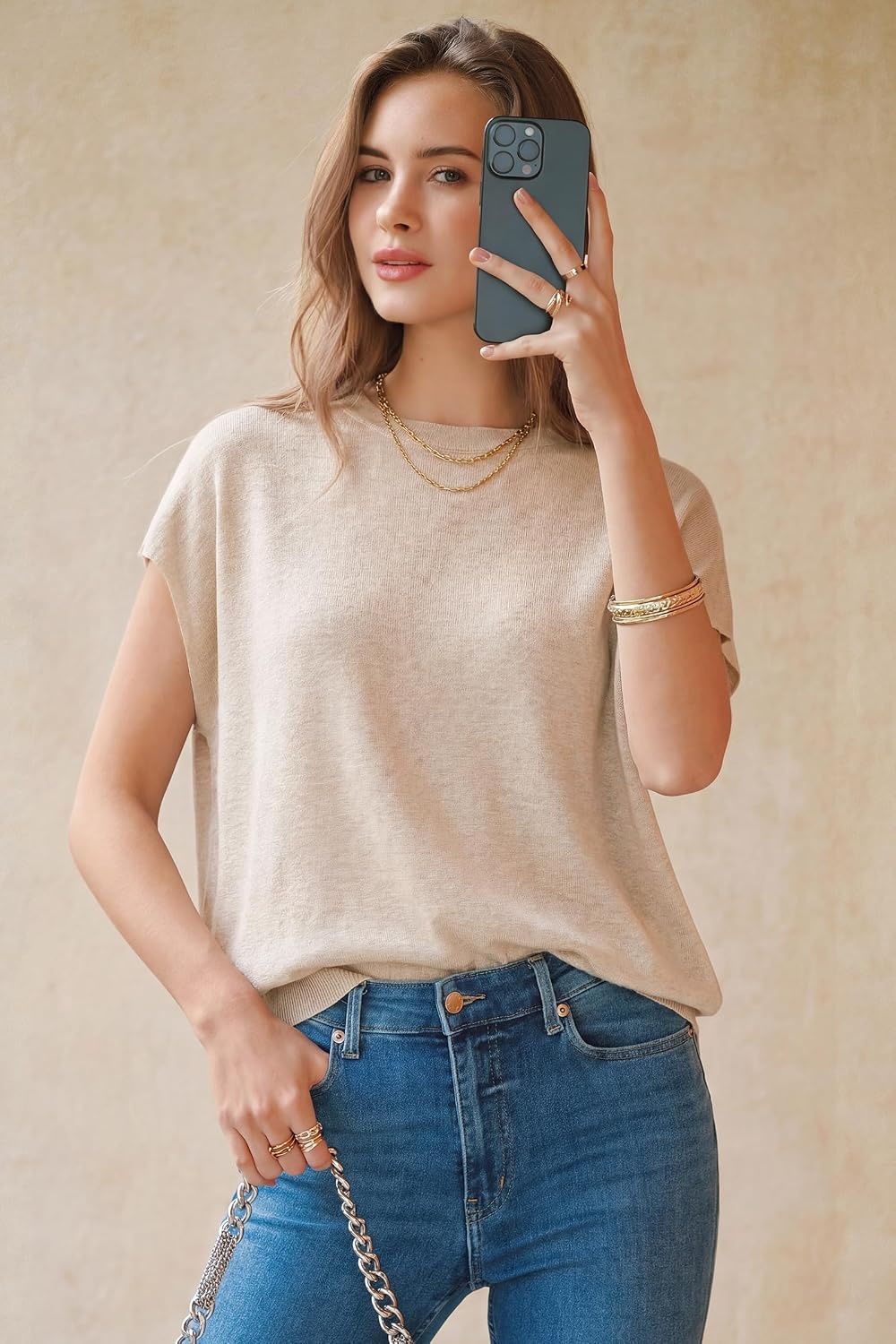 image:imageArachampCloz Womens Wool Blend Short Sleeve Oversized Sweater Work Casual Cap Sleeve Tops Summer 2026Apricot