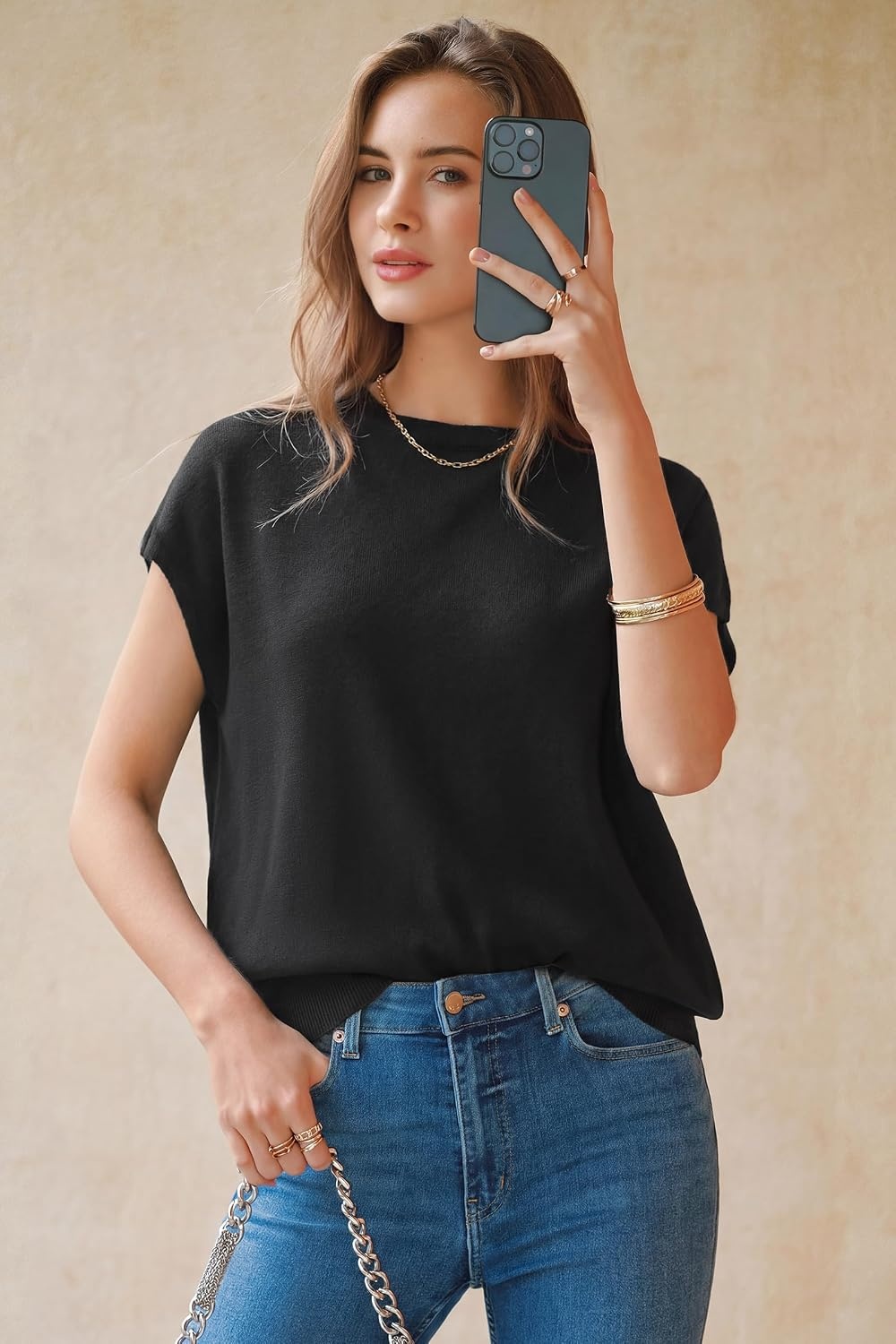 image:imageArachampCloz Womens Wool Blend Short Sleeve Oversized Sweater Work Casual Cap Sleeve Tops Summer 2026Black