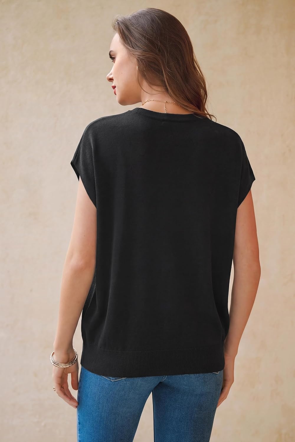 image:imageArachampCloz Womens Wool Blend Short Sleeve Oversized Sweater Work Casual Cap Sleeve Tops Summer 2026Black