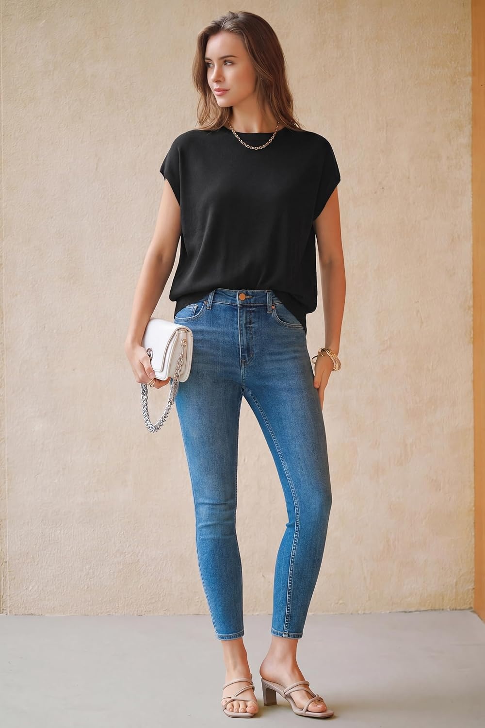 image:imageArachampCloz Womens Wool Blend Short Sleeve Oversized Sweater Work Casual Cap Sleeve Tops Summer 2026Black