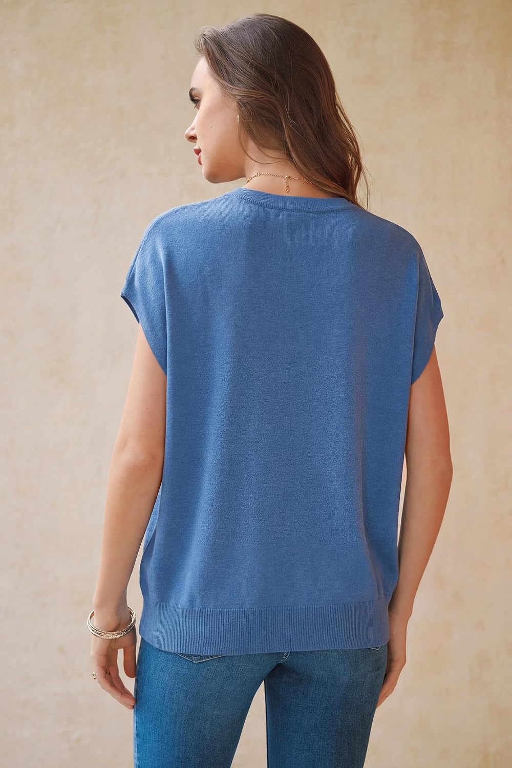 image:imageArachampCloz Womens Wool Blend Short Sleeve Oversized Sweater Work Casual Cap Sleeve Tops Summer 2026Lake Blue