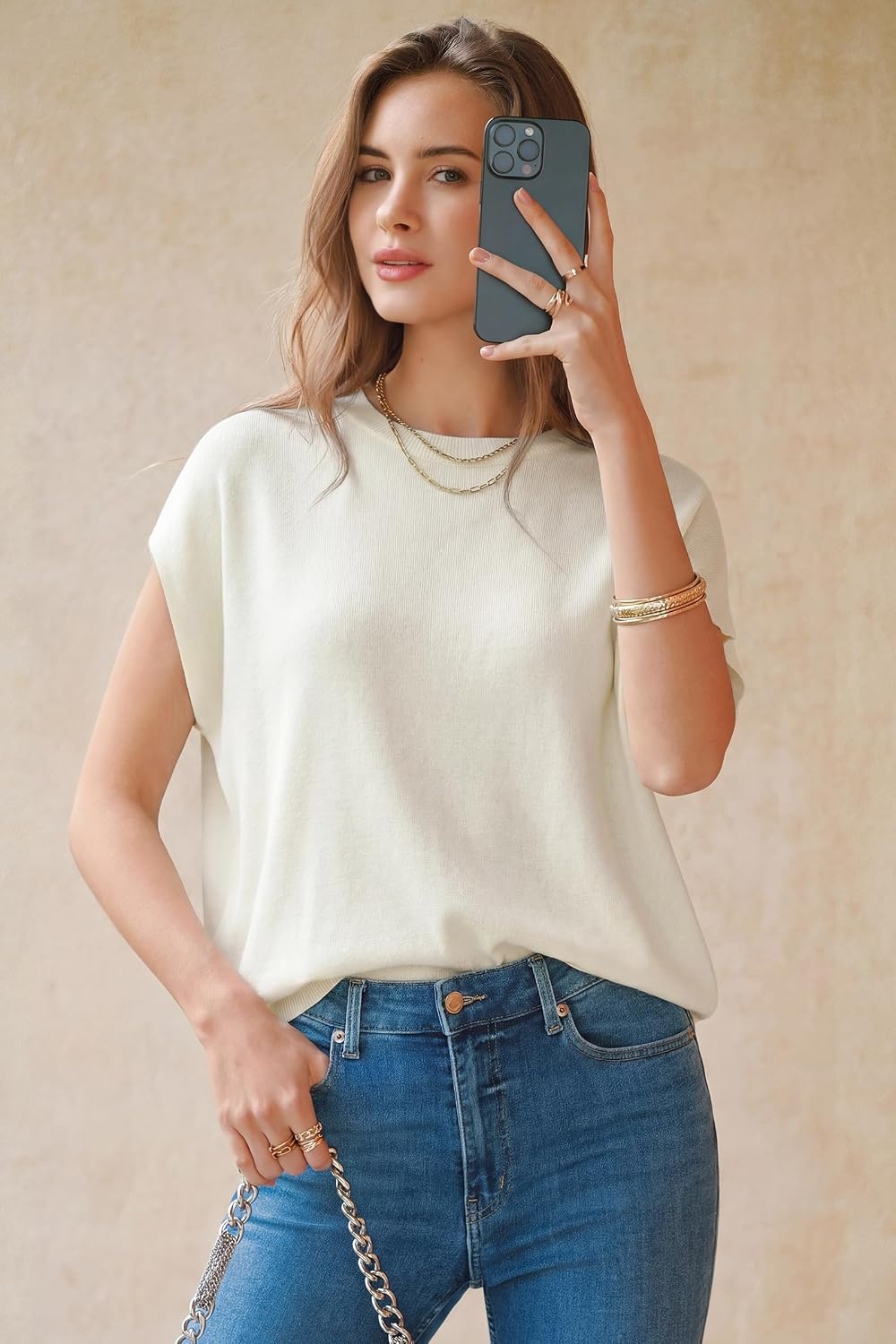 image:imageArachampCloz Womens Wool Blend Short Sleeve Oversized Sweater Work Casual Cap Sleeve Tops Summer 2026Offwhite