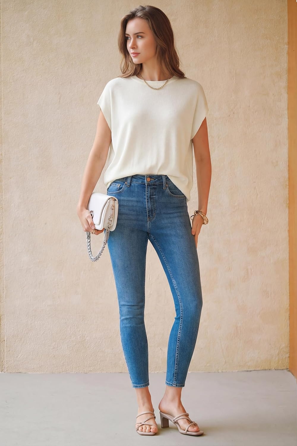 image:imageArachampCloz Womens Wool Blend Short Sleeve Oversized Sweater Work Casual Cap Sleeve Tops Summer 2026Offwhite