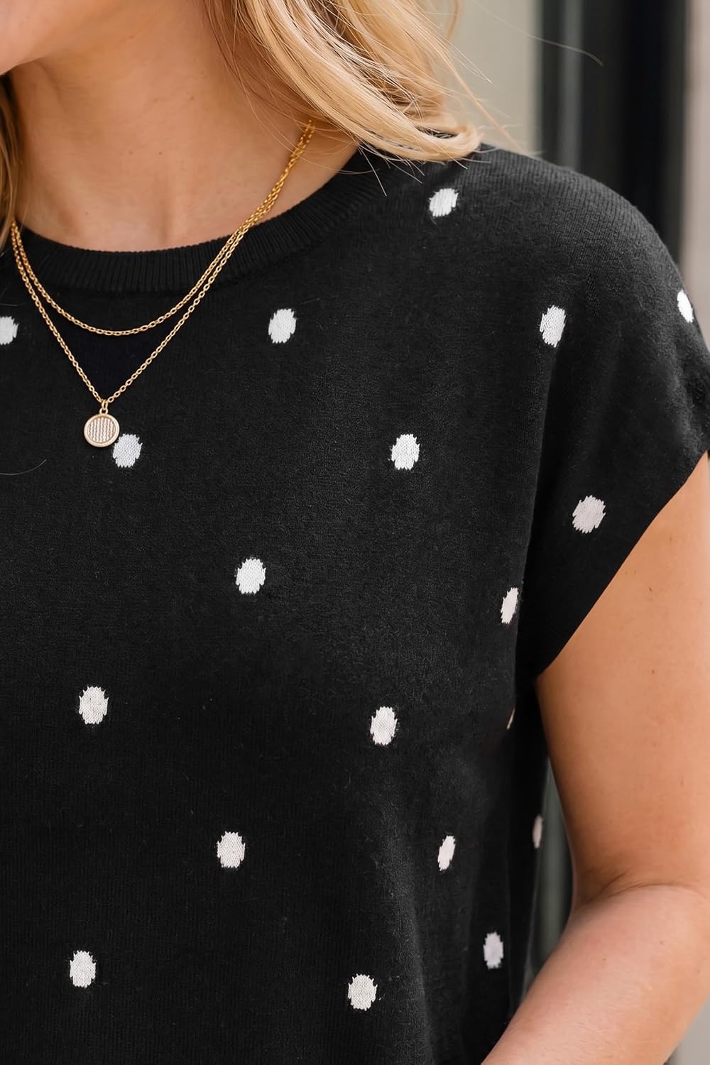 image:imageArachampCloz Womens Wool Blend Short Sleeve Oversized Sweater Work Casual Cap Sleeve Tops Summer 2026Polka Dotblack