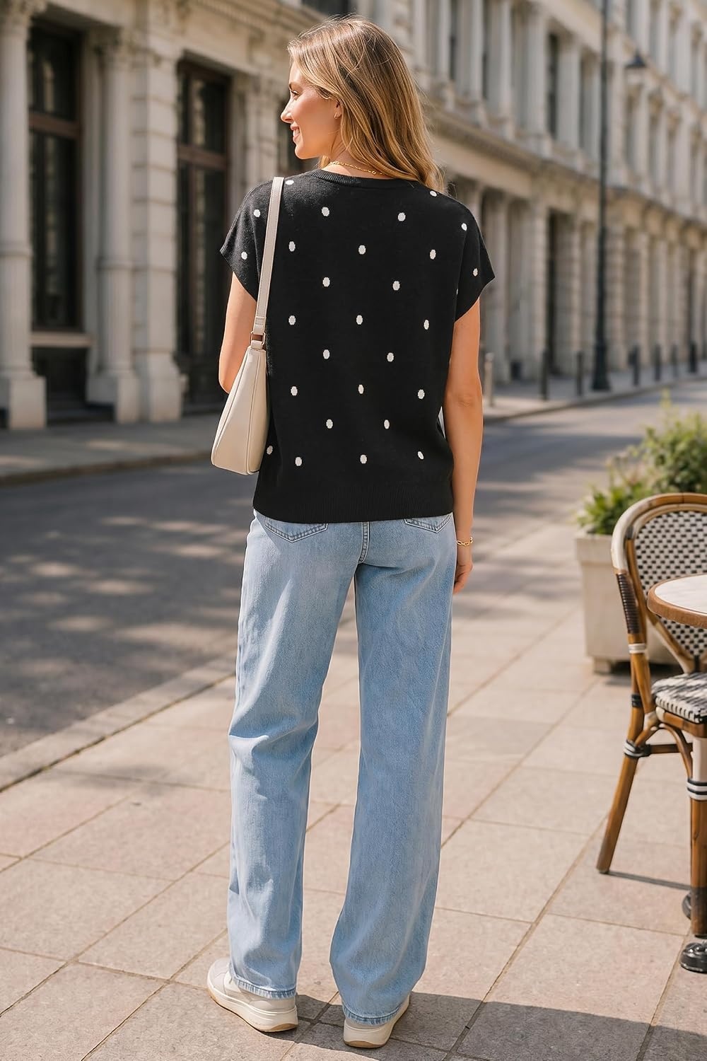 image:imageArachampCloz Womens Wool Blend Short Sleeve Oversized Sweater Work Casual Cap Sleeve Tops Summer 2026Polka Dotblack
