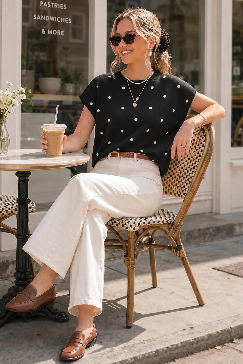image:imageArachampCloz Womens Wool Blend Short Sleeve Oversized Sweater Work Casual Cap Sleeve Tops Summer 2026Polka Dotblack