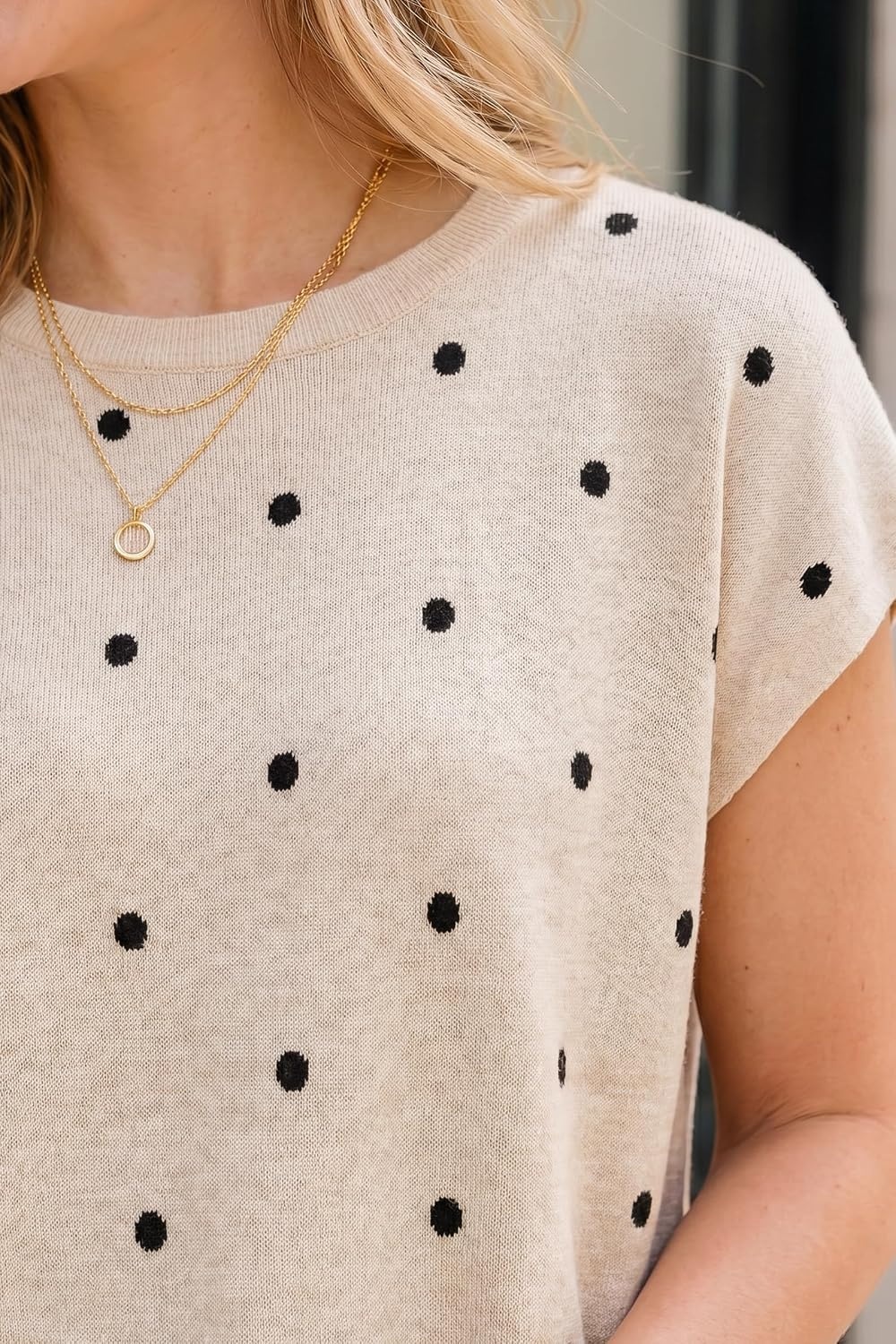 image:imageArachampCloz Womens Wool Blend Short Sleeve Oversized Sweater Work Casual Cap Sleeve Tops Summer 2026Polka Dotkhaki