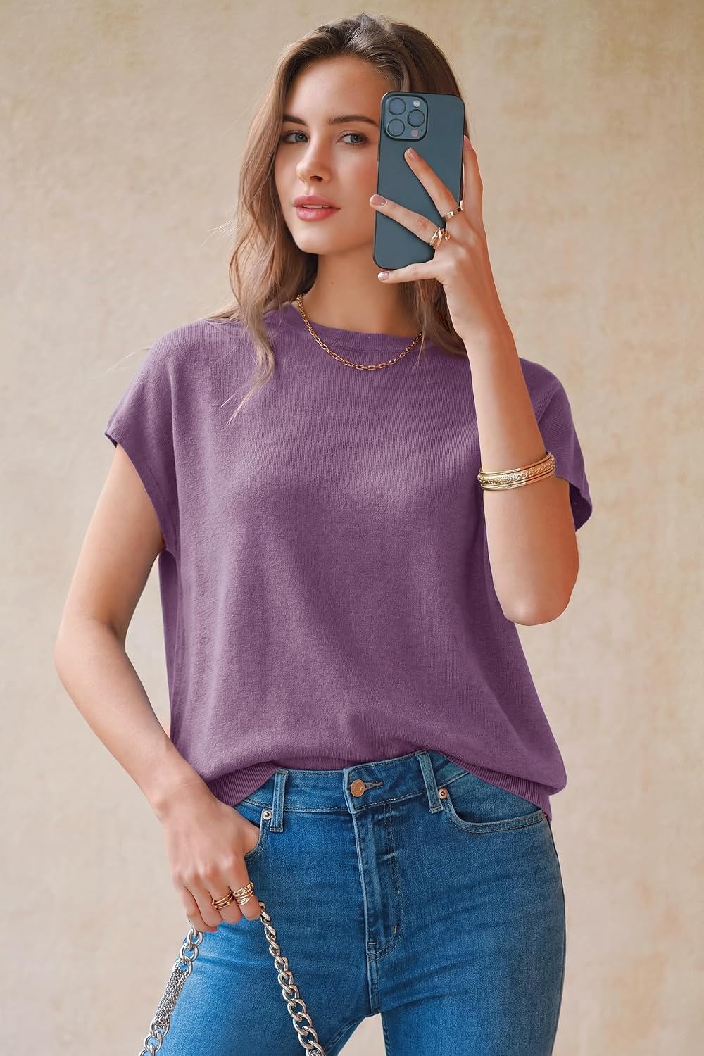 image:imageArachampCloz Womens Wool Blend Short Sleeve Oversized Sweater Work Casual Cap Sleeve Tops Summer 2026Purple