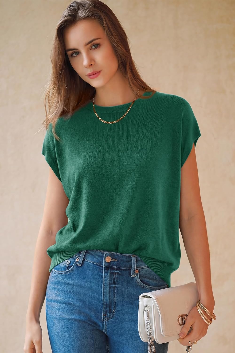 image:imageArachampCloz Womens Wool Blend Short Sleeve Oversized Sweater Work Casual Cap Sleeve Tops Summer 2026Teal