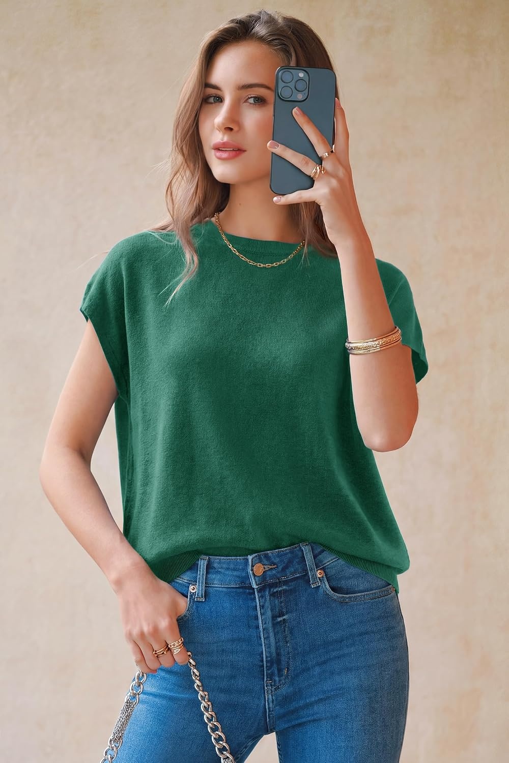 image:imageArachampCloz Womens Wool Blend Short Sleeve Oversized Sweater Work Casual Cap Sleeve Tops Summer 2026Teal