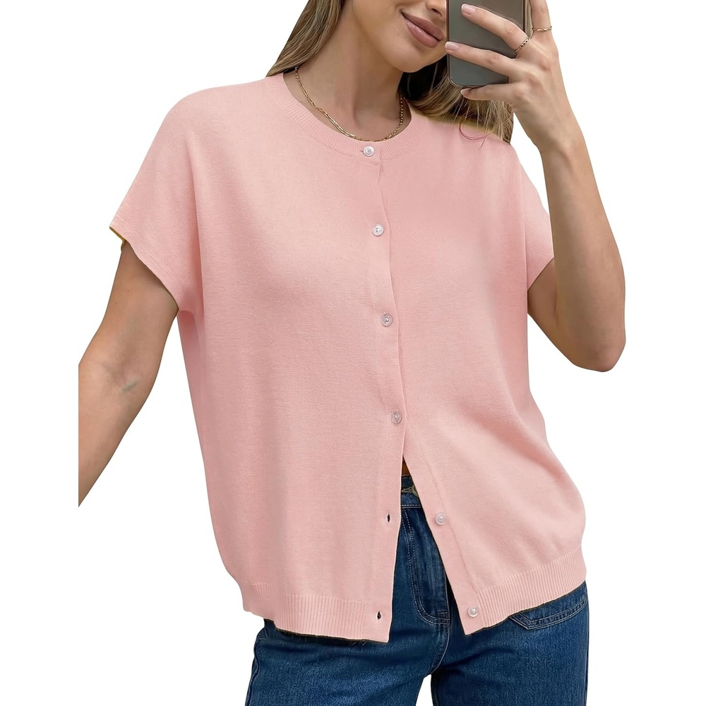 image:imageArachampCloz Womens Wool Blend Oversized Lightweight Cardigan Short Sleeve Summer Casual Sweaters TopsBlush Pink