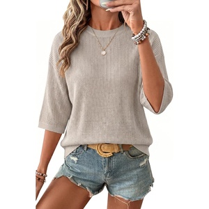 Arach&Cloz Womens Summer 100% Cotton Oversized Crochet Tops 3/4 Length Sleeve Sweater Hollow Out Casual Blouses 2026(Grey)