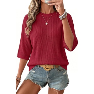 Arach&Cloz Womens Summer 100% Cotton Oversized Crochet Tops 3/4 Length Sleeve Sweater Hollow Out Casual Blouses 2026(Red)