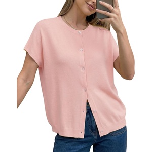 Arach&Cloz Women’s Wool Blend Oversized Lightweight Cardigan Short Sleeve Summer Casual Sweaters Tops(Blush Pink)