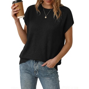 Arach&Cloz Women’s Wool Blend Short Sleeve Oversized Sweater Work Casual Cap Sleeve Tops Summer 2026(Black)
