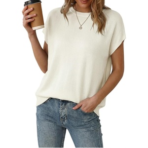 Arach&Cloz Women’s Wool Blend Short Sleeve Oversized Sweater Work Casual Cap Sleeve Tops Summer 2026(Off-white)