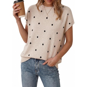 Arach&Cloz Women’s Wool Blend Short Sleeve Oversized Sweater Work Casual Cap Sleeve Tops Summer 2026(Polka Dot-khaki)