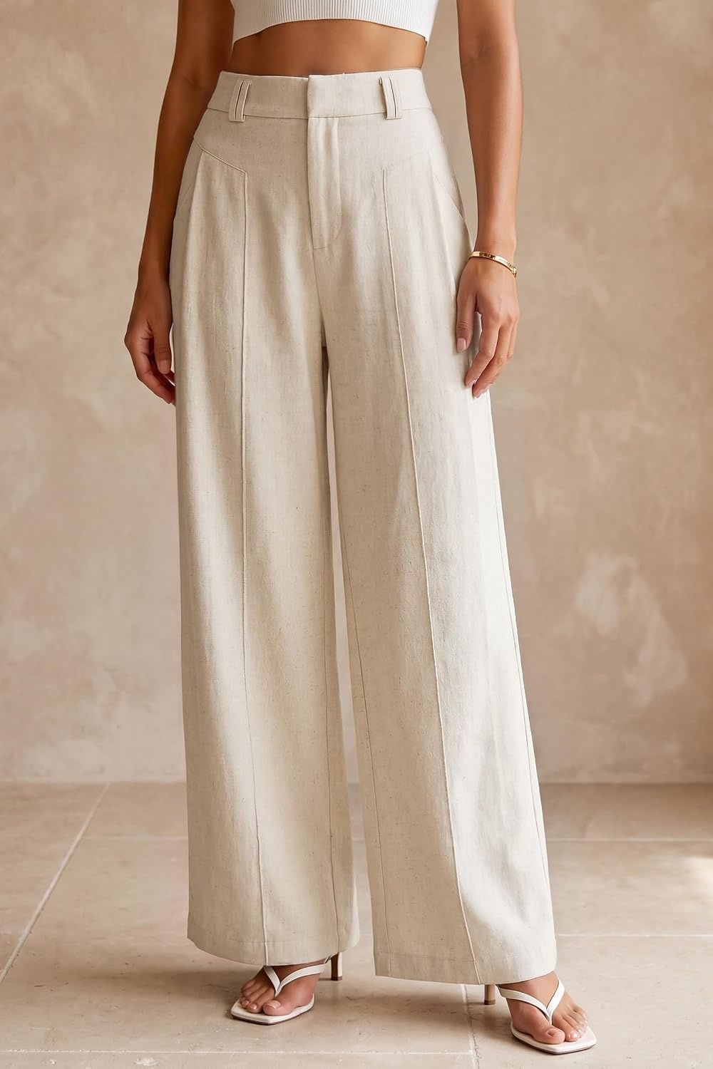 image:imageArachampCloz Womens Linen Blend Wide Leg Pants AllSeason Work Dress TrousersApricot