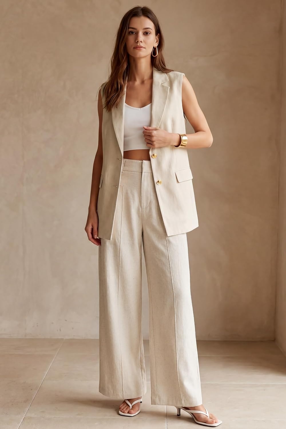 image:imageArachampCloz Womens Linen Blend Wide Leg Pants AllSeason Work Dress TrousersApricot