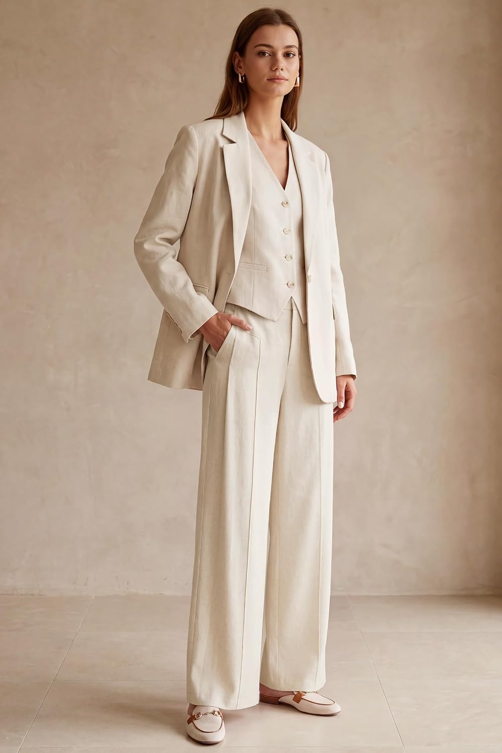 image:imageArachampCloz Womens Linen Blend Wide Leg Pants AllSeason Work Dress TrousersApricot