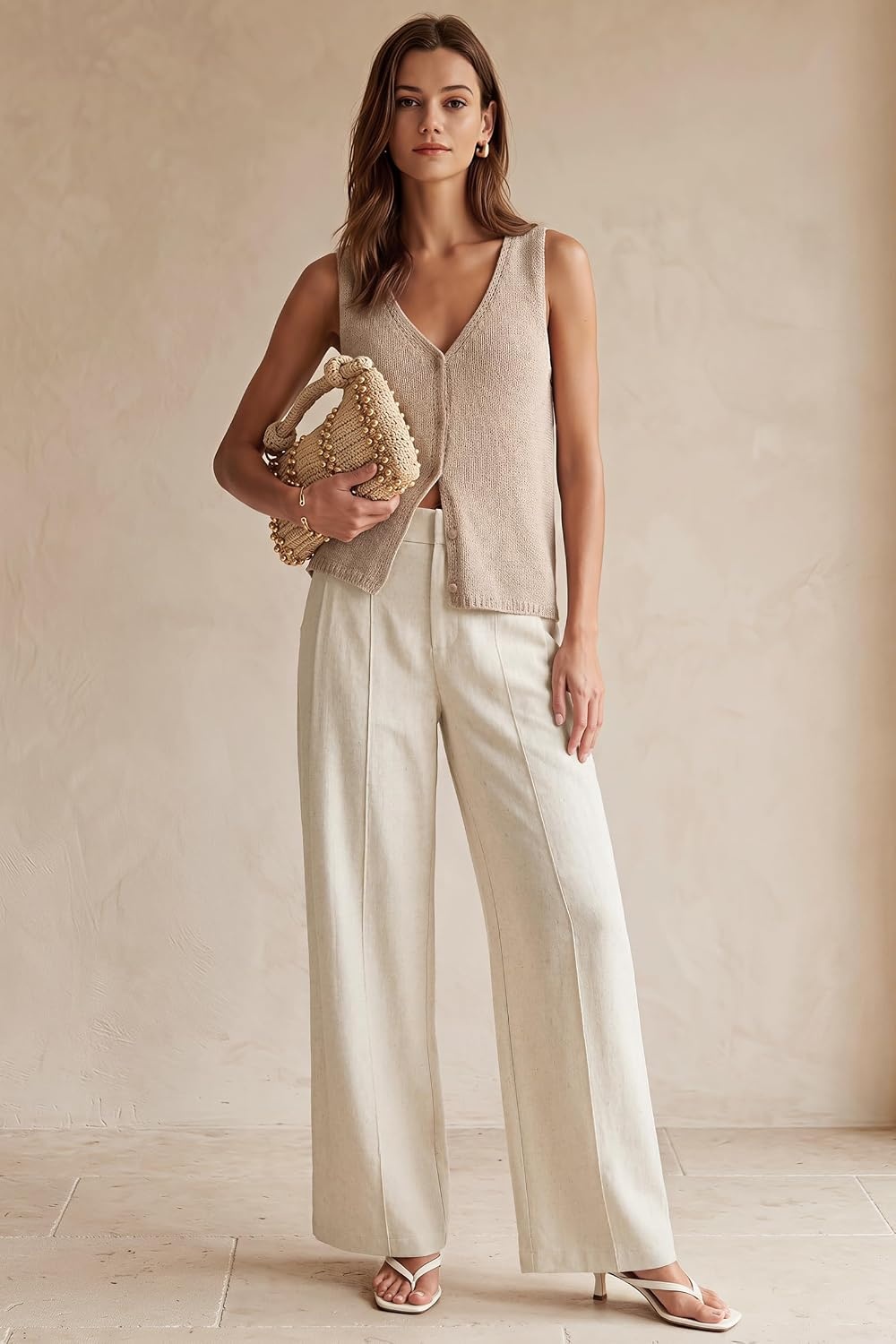 image:imageArachampCloz Womens Linen Blend Wide Leg Pants AllSeason Work Dress TrousersApricot