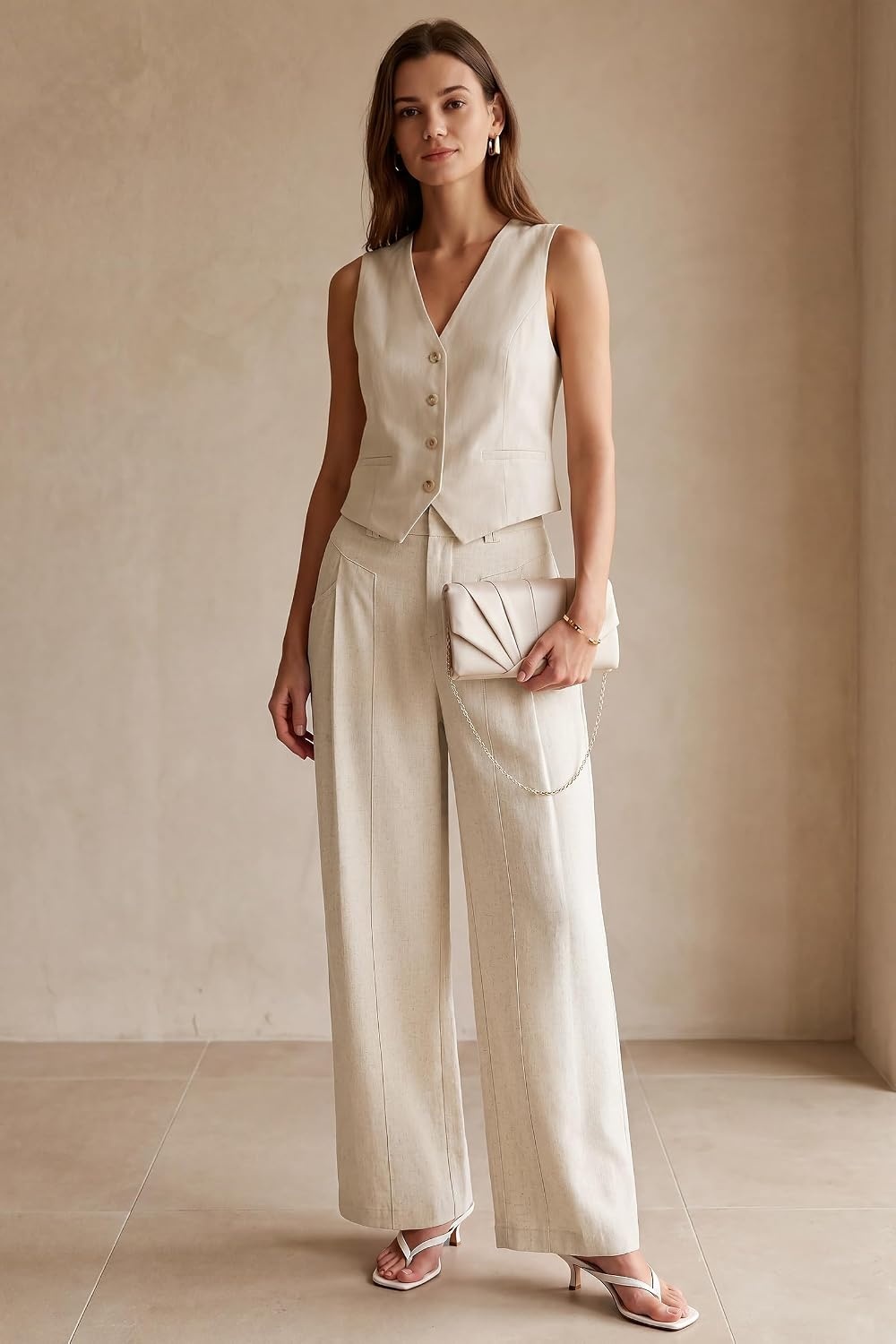image:imageArachampCloz Womens Linen Blend Wide Leg Pants AllSeason Work Dress TrousersApricot