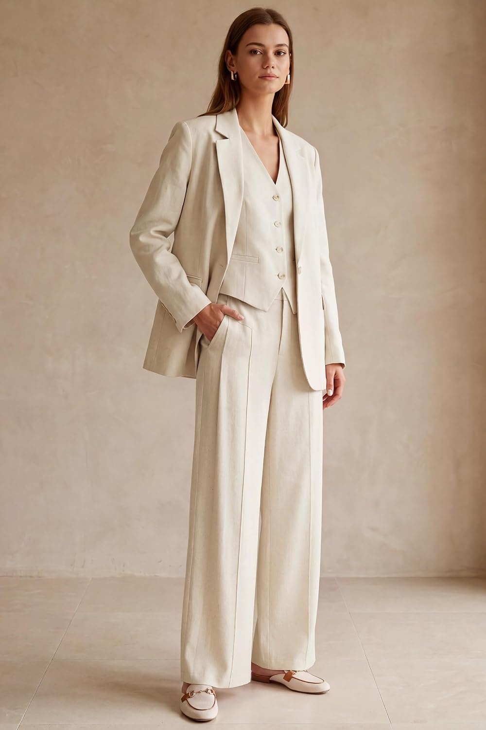 image:imageArachampCloz Womens Linen Blend Wide Leg Pants AllSeason Work Dress TrousersApricot