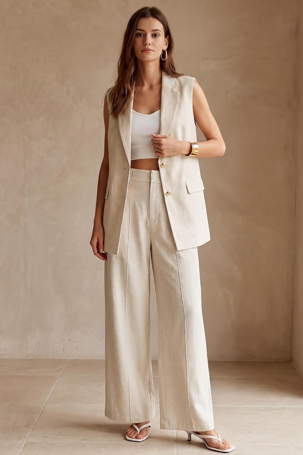image:imageArachampCloz Womens Linen Blend Wide Leg Pants AllSeason Work Dress TrousersApricot