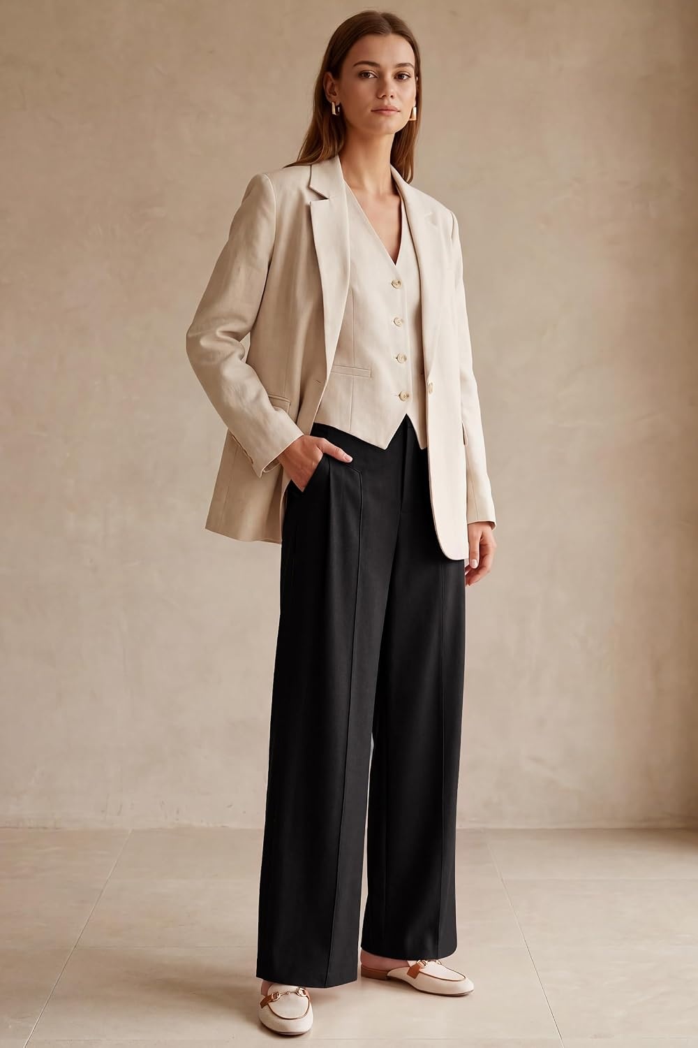 image:imageArachampCloz Womens Linen Blend Wide Leg Pants AllSeason Work Dress TrousersBlack