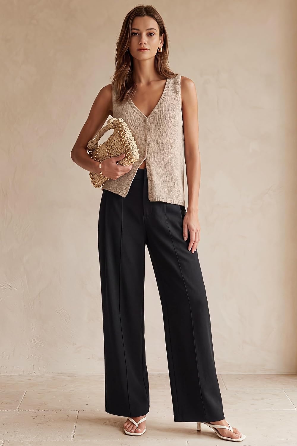 image:imageArachampCloz Womens Linen Blend Wide Leg Pants AllSeason Work Dress TrousersBlack