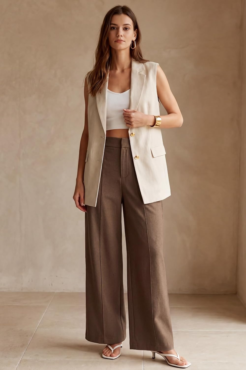 image:imageArachampCloz Womens Linen Blend Wide Leg Pants AllSeason Work Dress TrousersCoffee
