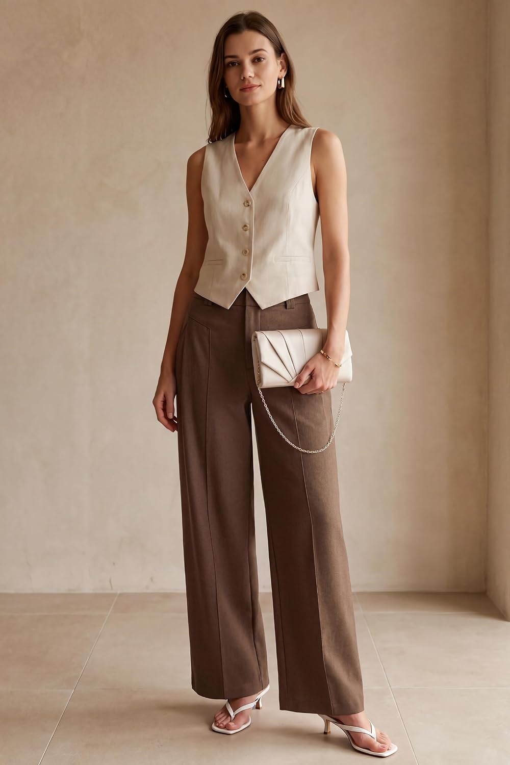 image:imageArachampCloz Womens Linen Blend Wide Leg Pants AllSeason Work Dress TrousersCoffee