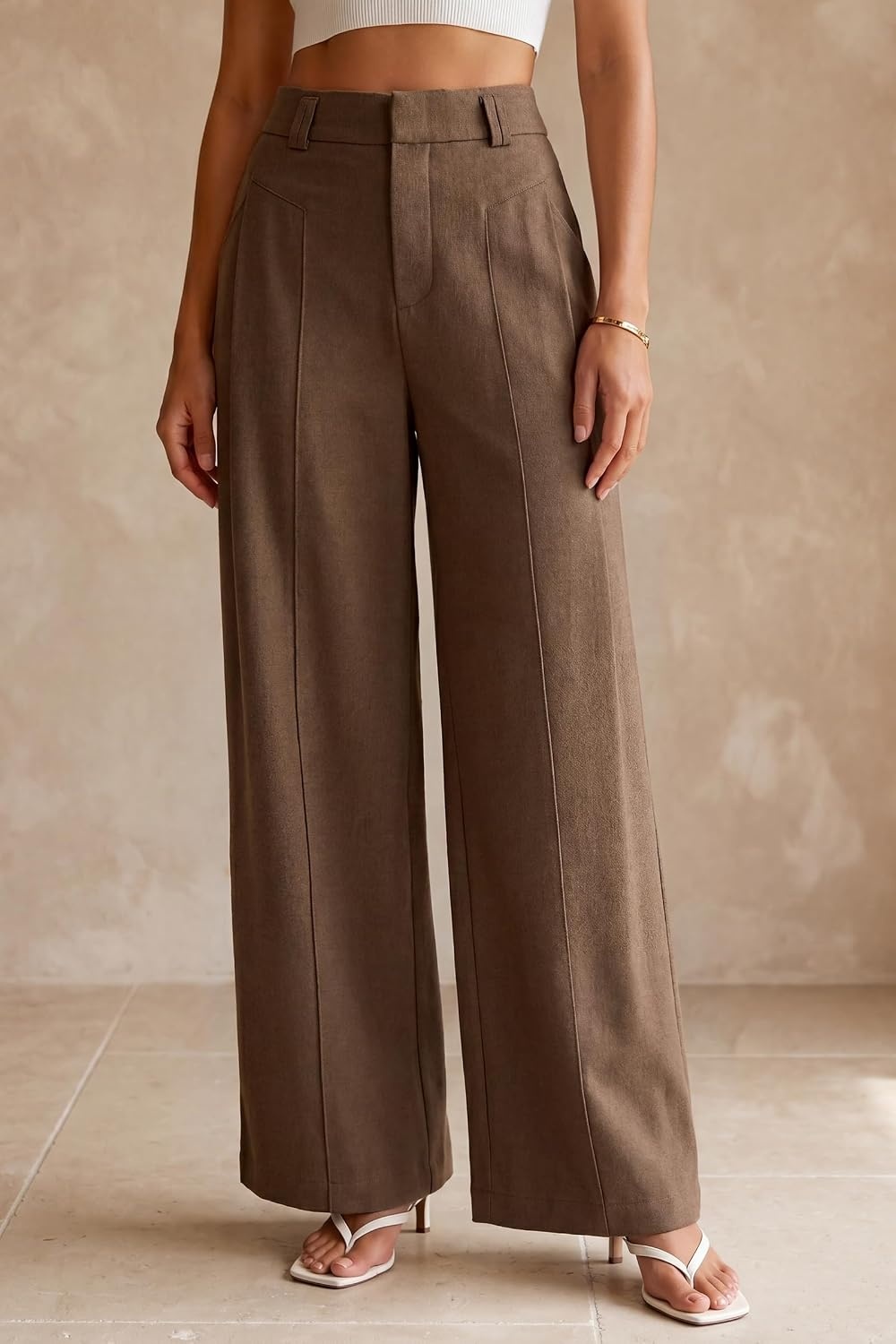 image:imageArachampCloz Womens Linen Blend Wide Leg Pants AllSeason Work Dress TrousersCoffee