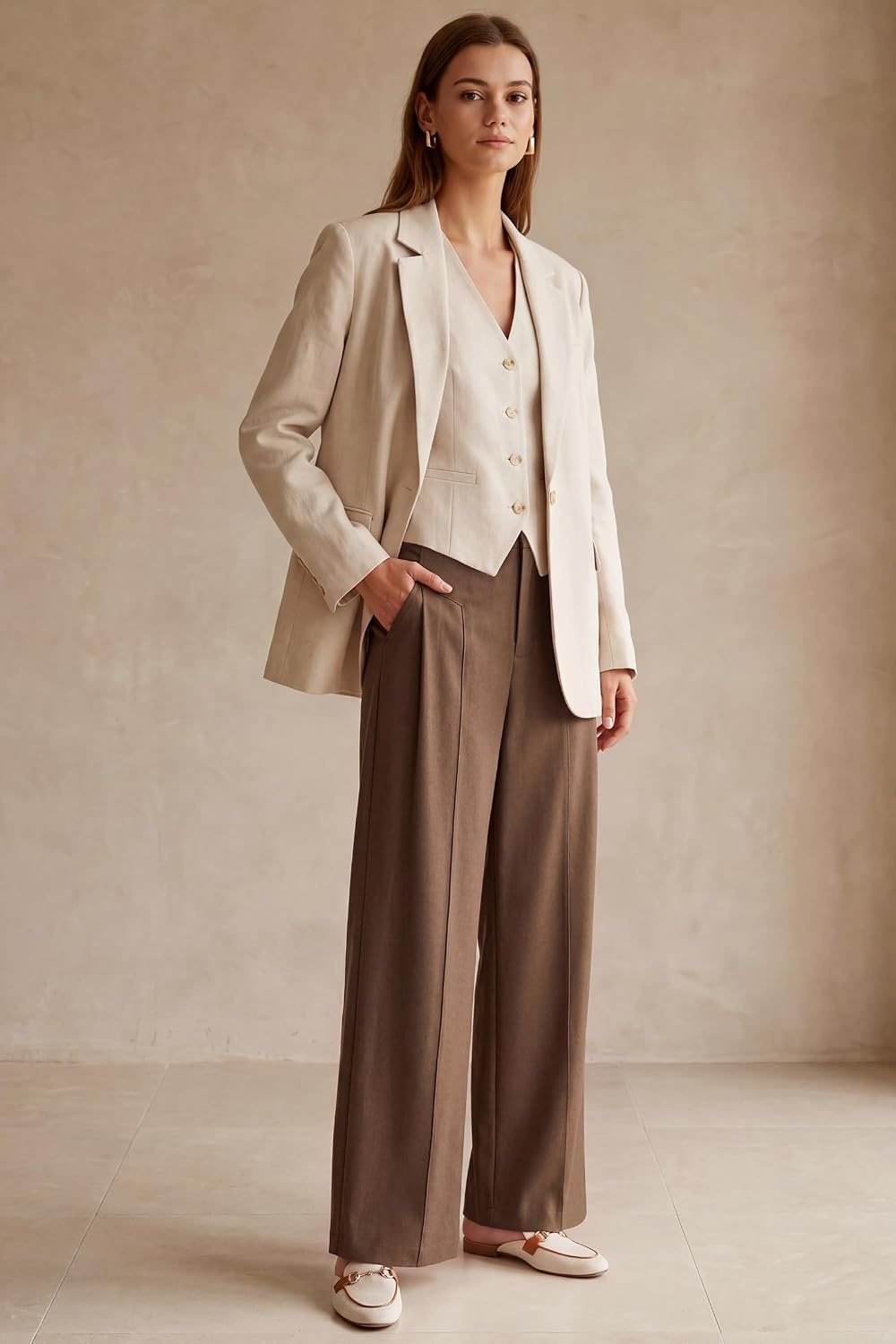 image:imageArachampCloz Womens Linen Blend Wide Leg Pants AllSeason Work Dress TrousersCoffee