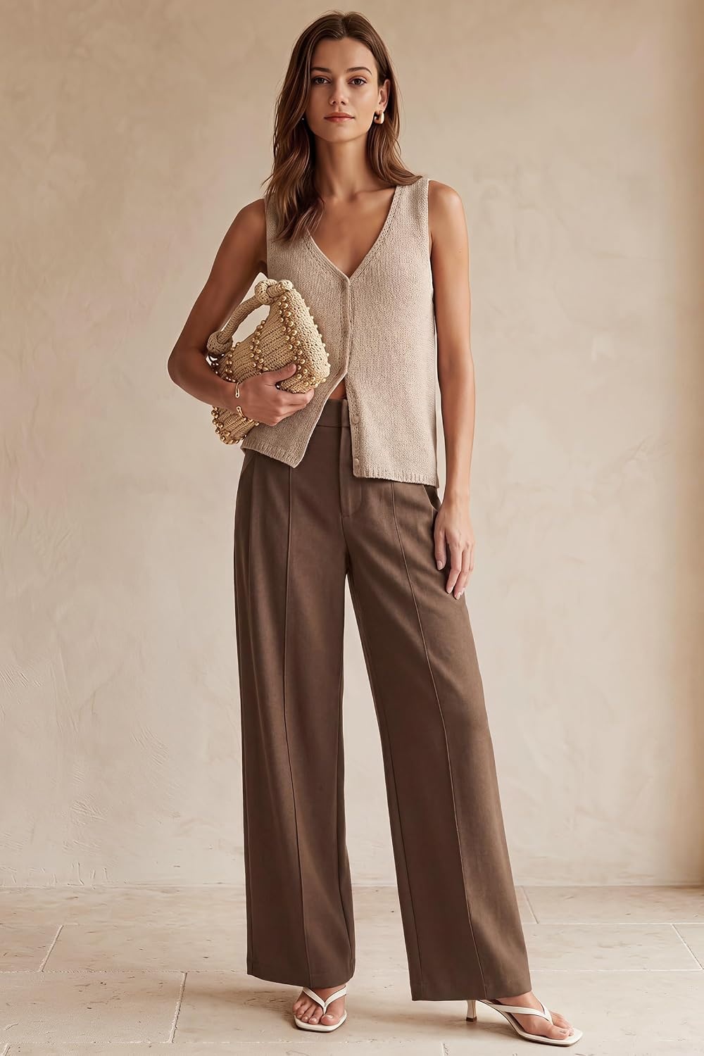 image:imageArachampCloz Womens Linen Blend Wide Leg Pants AllSeason Work Dress TrousersCoffee
