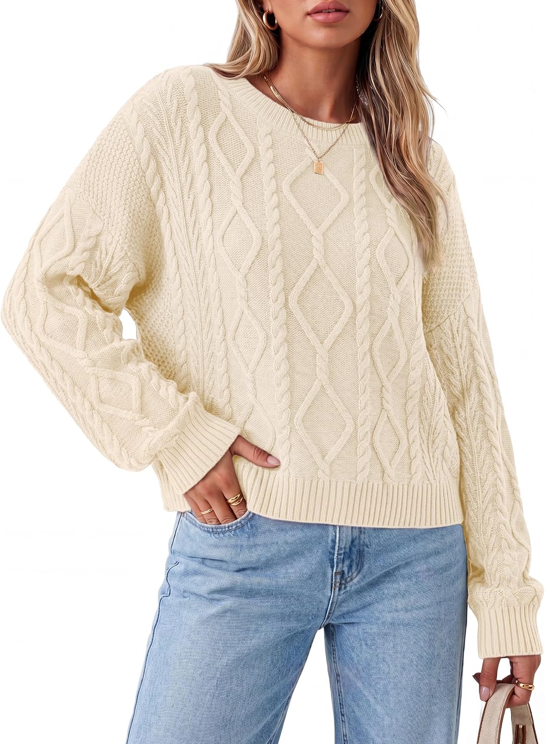 image:imageArachampCloz Womens Oversized Cropped Cable Knit Casual Sweater TopsApricot