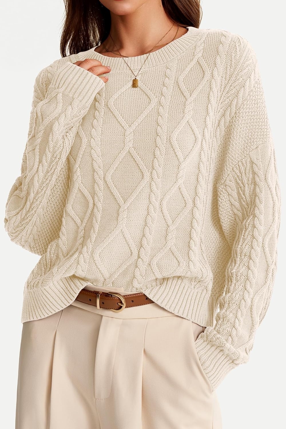 image:imageArachampCloz Womens Oversized Cropped Cable Knit Casual Sweater TopsApricot