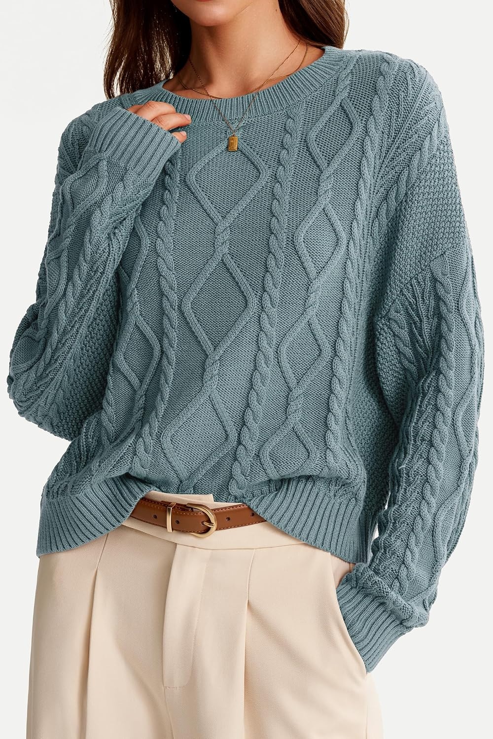 image:imageArachampCloz Womens Oversized Cropped Cable Knit Casual Sweater TopsSage Green