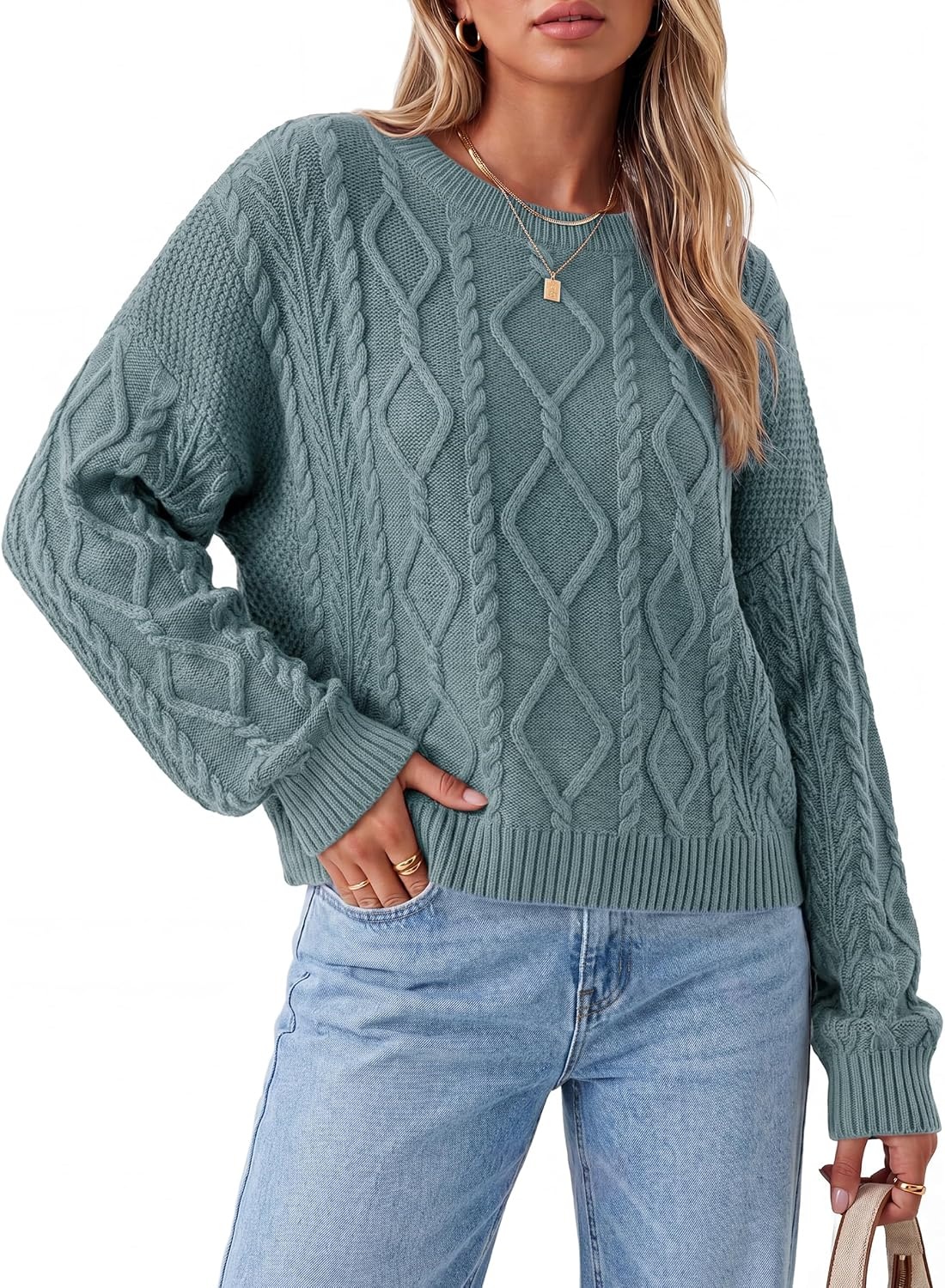 image:imageArachampCloz Womens Oversized Cropped Cable Knit Casual Sweater TopsSage Green