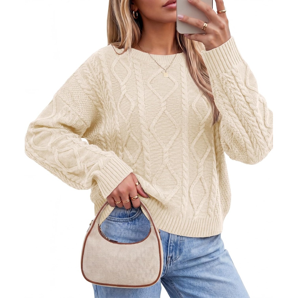 image:imageArachampCloz Womens Oversized Cropped Cable Knit Casual Sweater TopsApricot