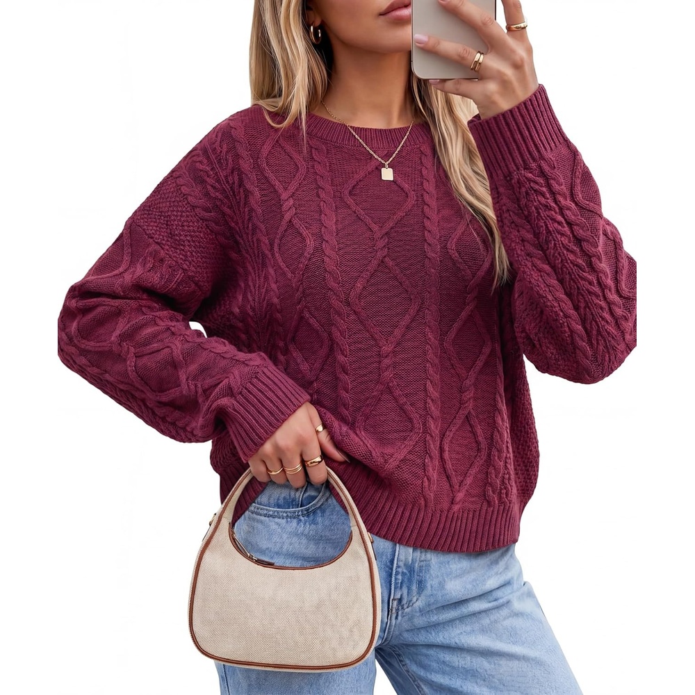image:imageArachampCloz Womens Oversized Cropped Cable Knit Casual Sweater TopsDark Red