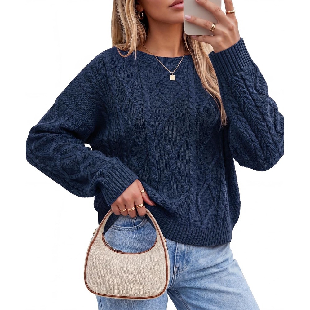 image:imageArachampCloz Womens Oversized Cropped Cable Knit Casual Sweater TopsNavy