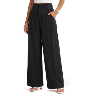 Arach&Cloz Women’s Linen Blend Wide Leg Pants All-Season Work Dress Trousers(Black)