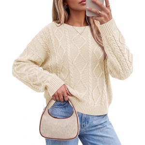 Arach&Cloz Women’s Oversized Cropped Cable Knit Casual Sweater Tops(Apricot)