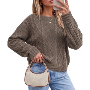 Arach&Cloz Women’s Oversized Cropped Cable Knit Casual Sweater Tops(Coffee)