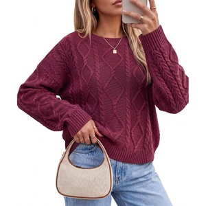 Arach&Cloz Women’s Oversized Cropped Cable Knit Casual Sweater Tops(Dark Red)